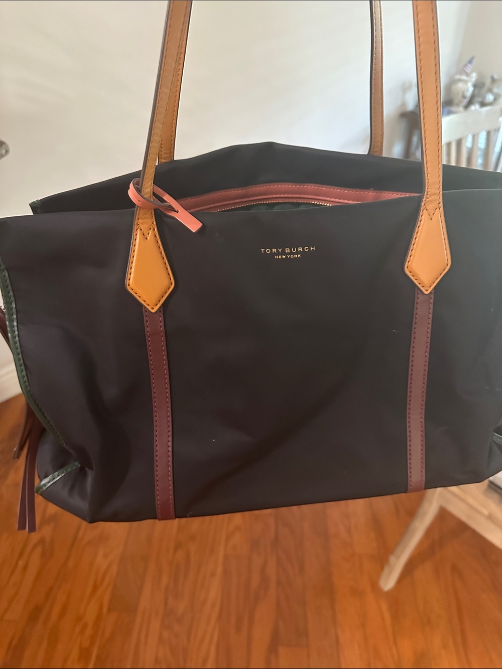 Tory Burch navy Nylon Tote with Tan Handles and Burgundy Trim